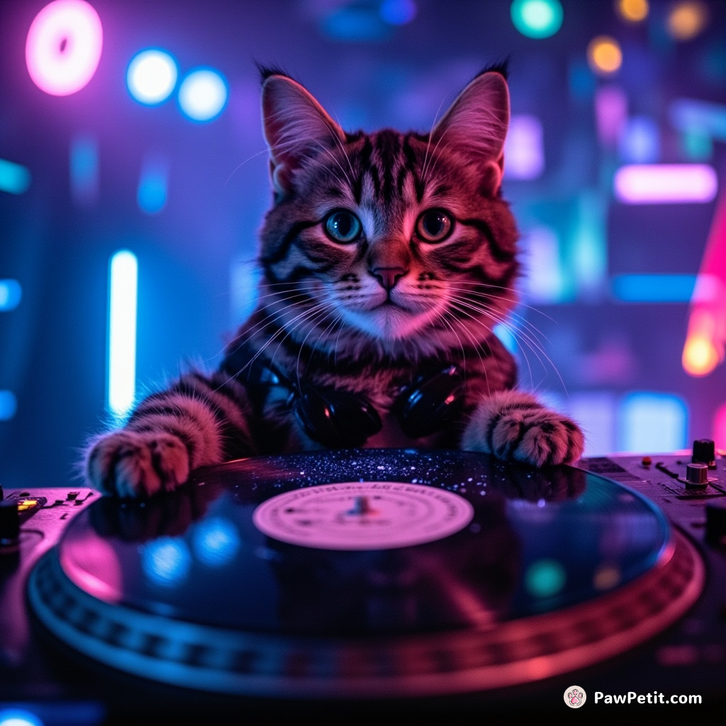 Neon punk cat DJ spinning a floating vinyl galaxy disc in an underwater dance club.