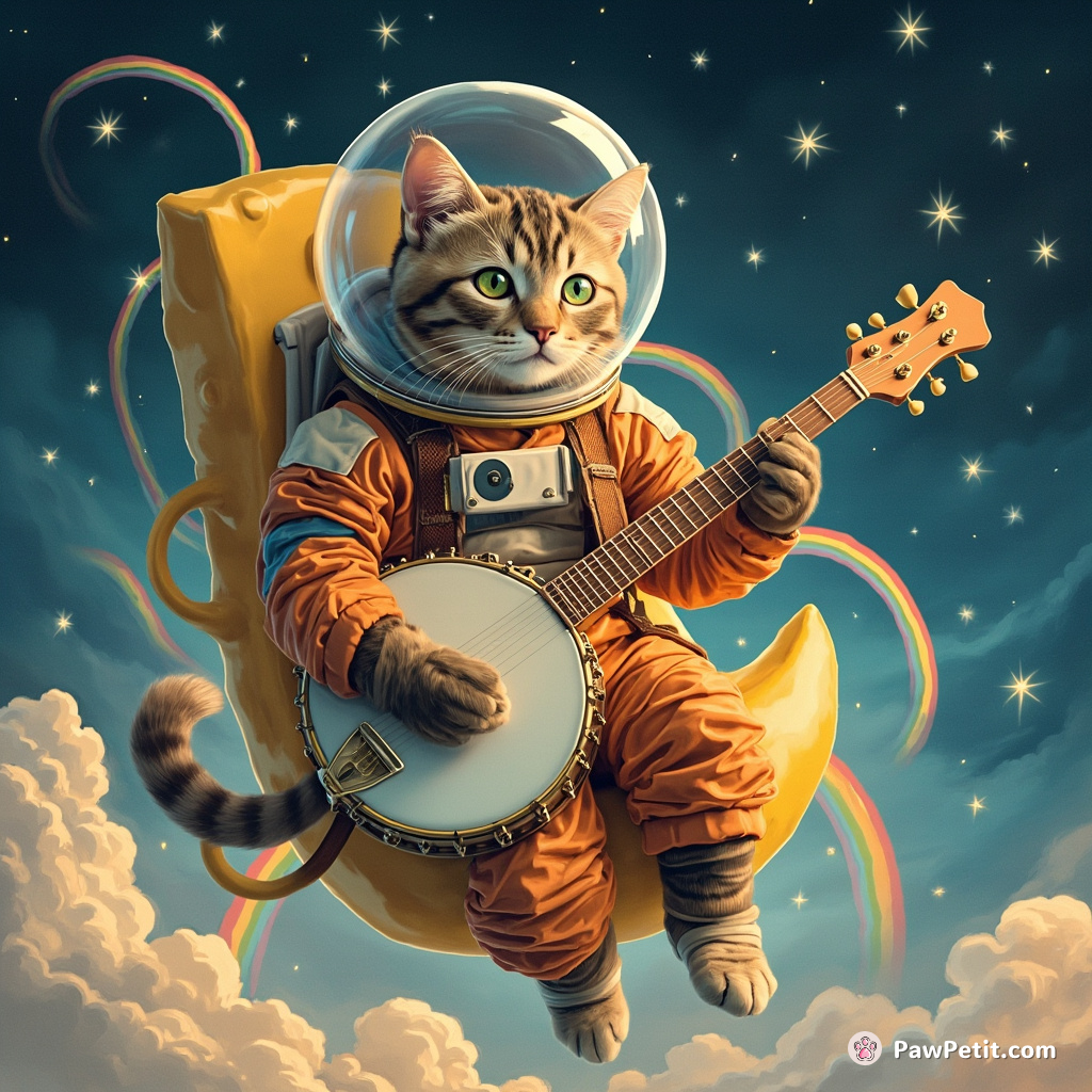 A cat in astronaut suit playing banjo on a softmax cheese moon under rainbows and blue fireflies.