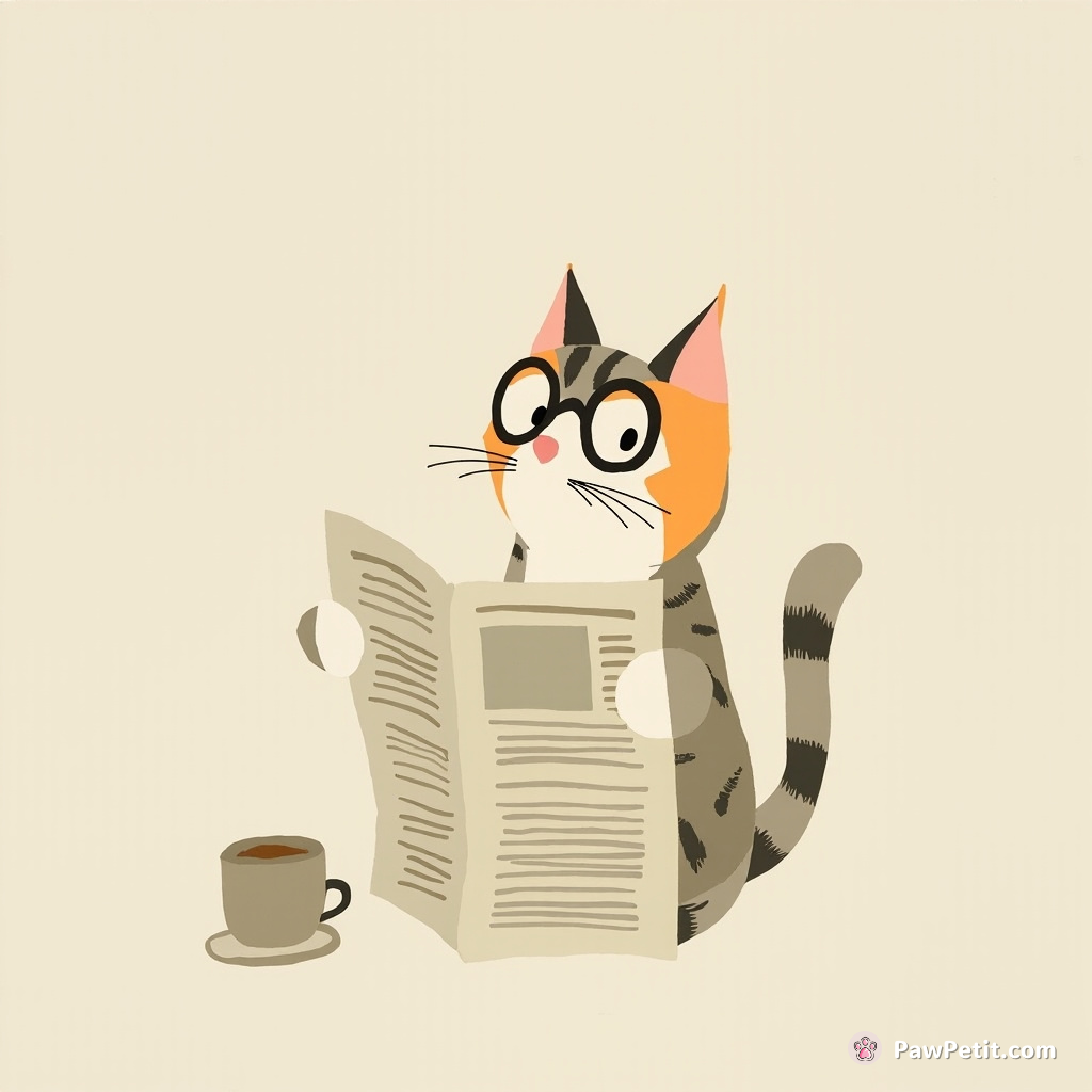 Cat dons tiny spectacles, sips imaginary tea, and pretends to read the newspaper with utmost seriousness.