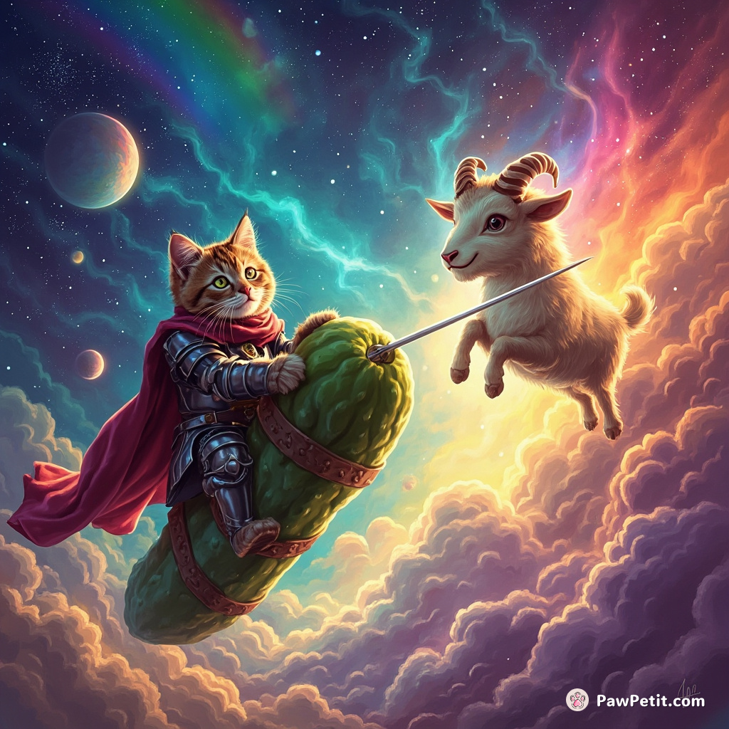 Cat in medieval knight armor jousting on a pickle, against an alien goat in a rainbow nebula.