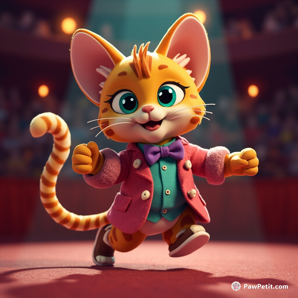 The cat swaggers confidently onto the stage, tail held high, ready to outshine the humans.