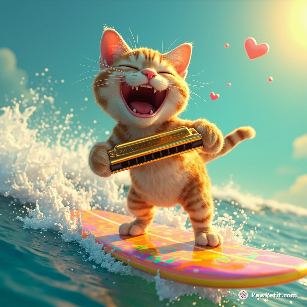 A cat laughing hysterically while playing a golden harmonica, standing on an iridescent surfboard surfing waves of neon tea.