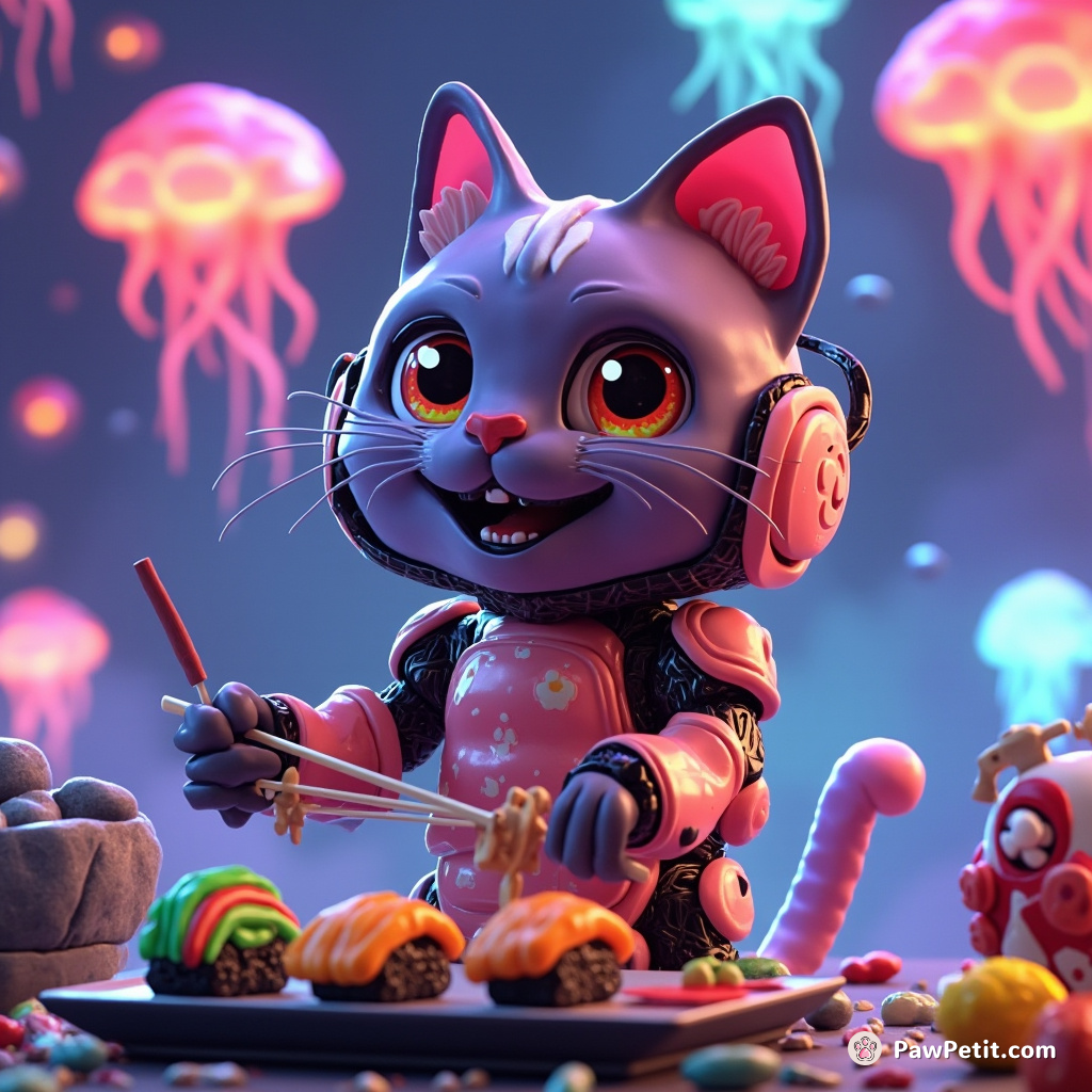A gothic cyborg cat preparing rainbow sushi in a floating jellyfish kitchen.