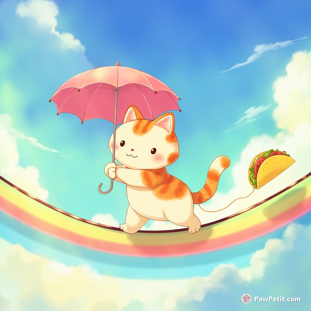 Cat tightrope-walking across a rainbow with an umbrella, trailed by a string of soft tacos.