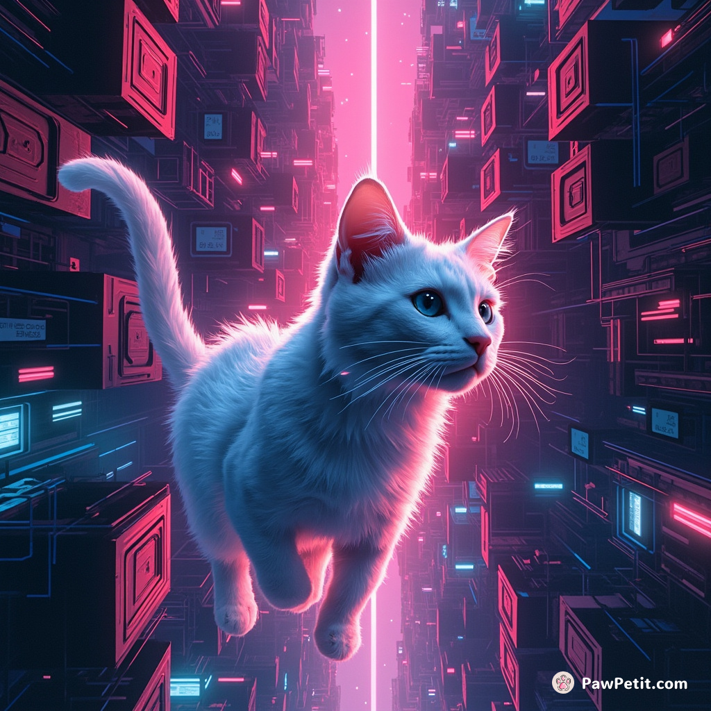 Quantum-tuning its fur, a cyborg cat weaves invisibly through neon voids of the hovering city blocks, tailsman of secret routes.