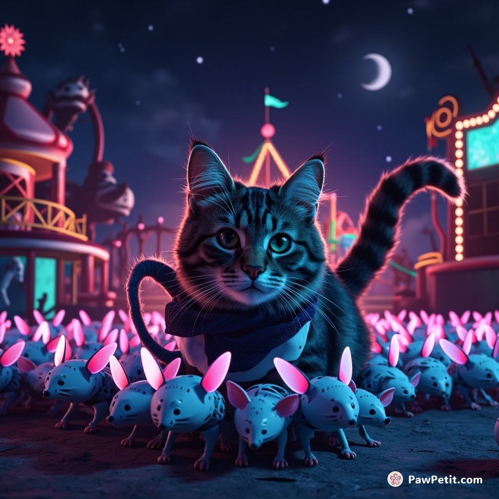Cat commanding an army of glow-in-the-dark robotic mice in a deserted theme park at midnight.