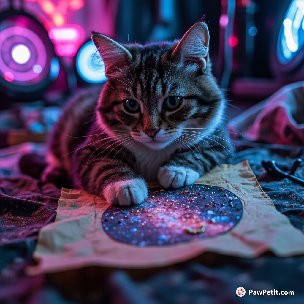 Cat meticulously embroidering a galaxy onto a piece of ancient parchment with cosmic star-thread.