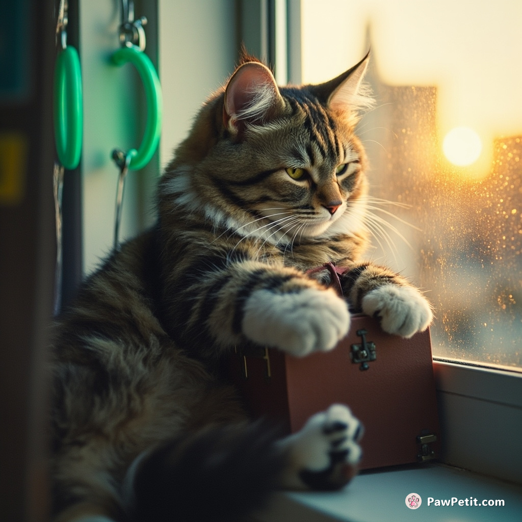Whimsical cat paws at a tiny briefcase, preparing for a "9-to-5" nap on a sunlit windowsill.
