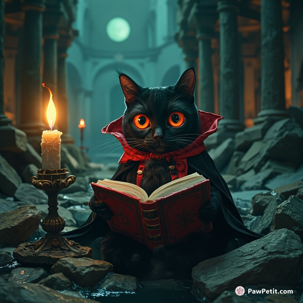 A gothic vampire cat, reading a red-covered elder's cosmic spellbook by eerie skeletal candlelight in the half-sunk ruins of an undersea cathedral.