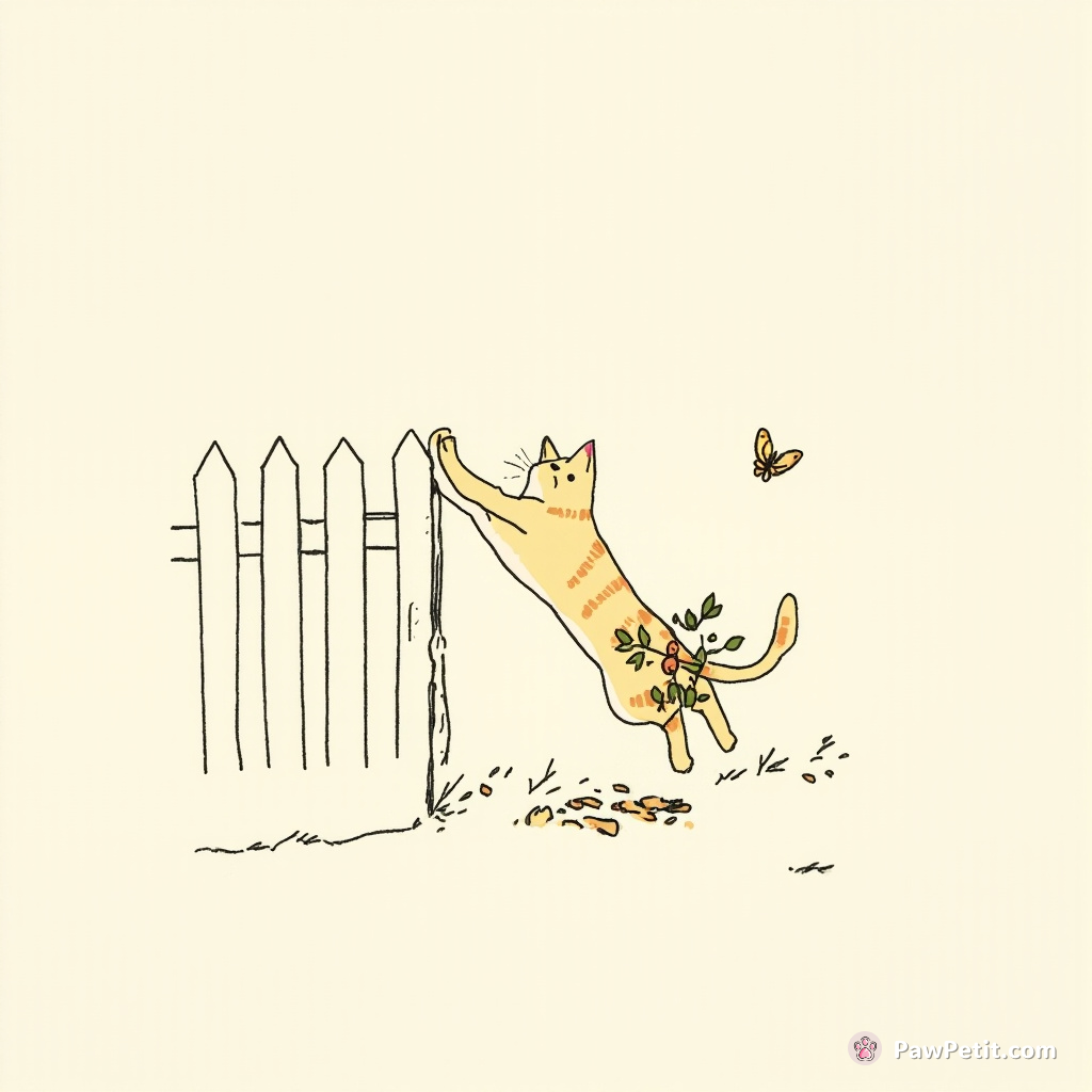 Cat leaps atop fence, wobbles, then tumbles into bushes, emerging with leaves stuck in fur, unfazed, chasing a butterfly.
