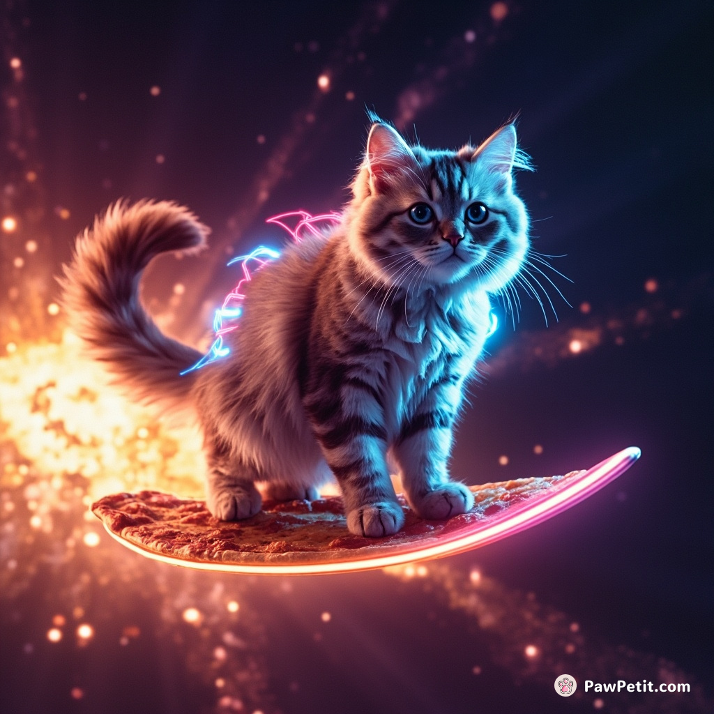 Neon-glowing cybernetic cat surfing on a pizza slice amidst a star explosion in space.