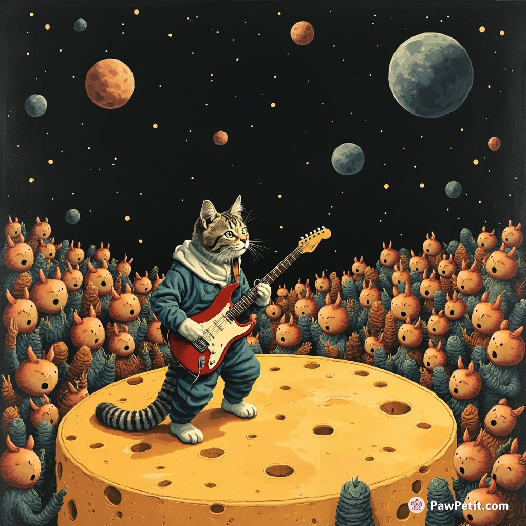 A crowd of space caterpillars cheering at a cat playing the electric guitar on a lunar cheese stage.