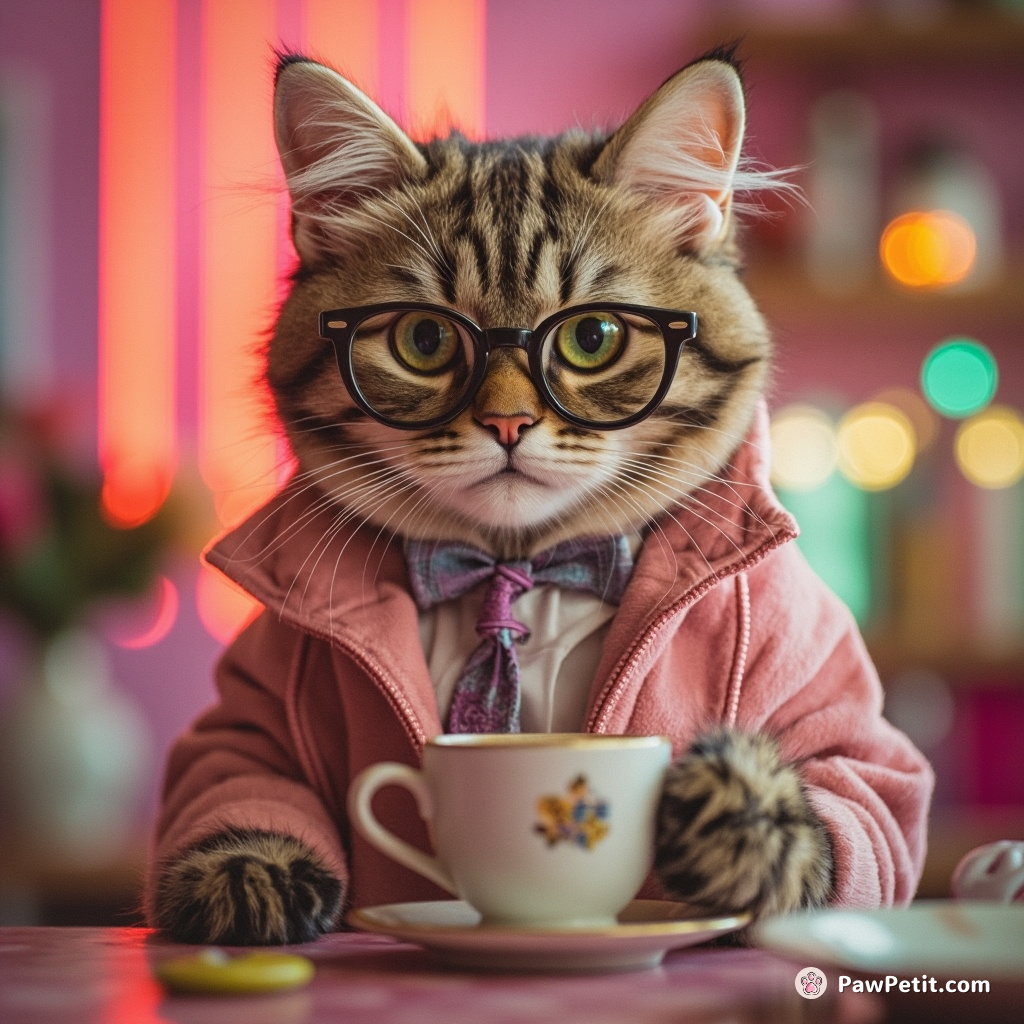 Purring with purpose, Whiskers dons spectacles, sips tea, and pounces on the concept of "nine-to-five" chaos.
