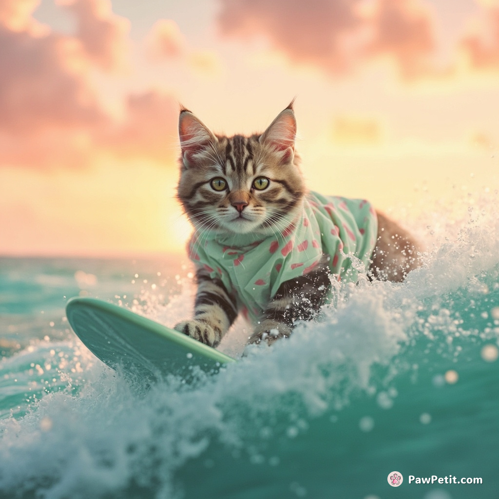 A pastel-colored cat surfing on a mint chocolate chip ice cream wave in a candyfied ocean under a cotton candy sunset.