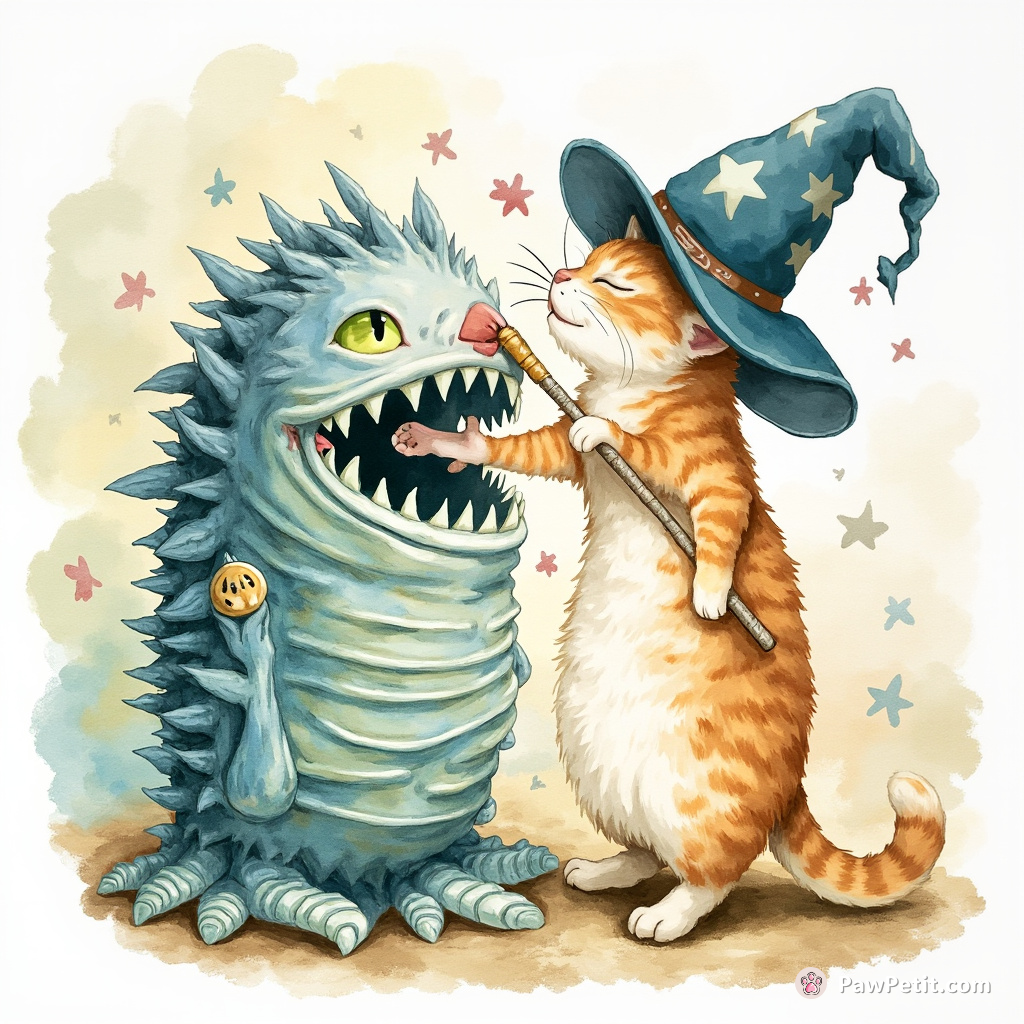 Cat summoning a sea monster out of a giant can of sardines with wizard's staff.
