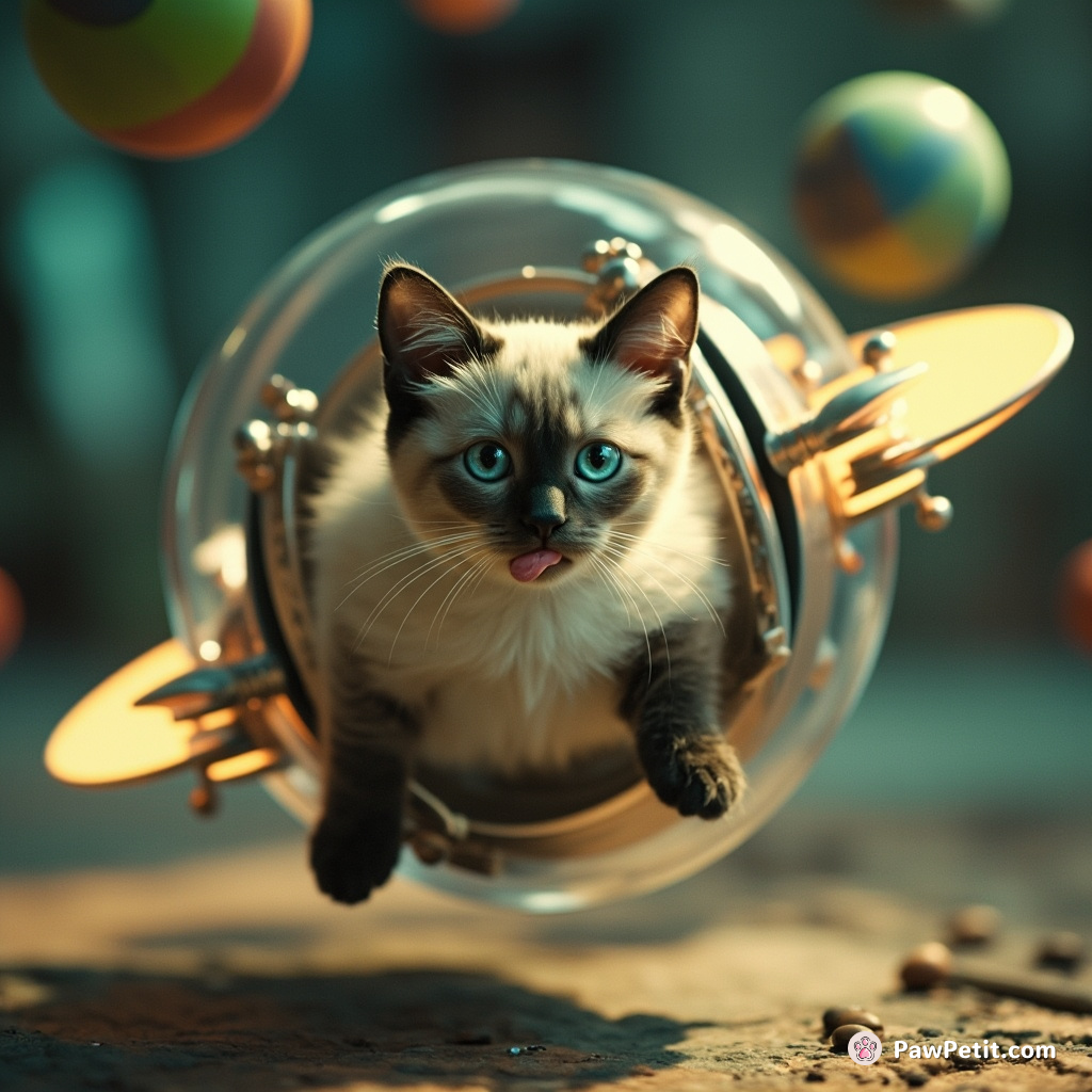 Abandoning gravity, Pharaoh the Siamese twirled in her anti-gravity pod, using sandpaper tongue to pilot extraterrestrial sphere.