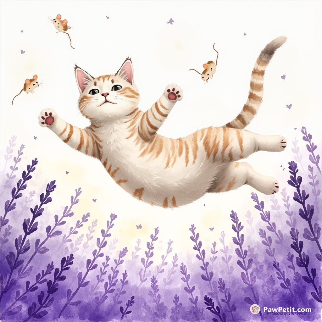 Frantically embracing freedom, the cat vaults through lavender fields, indulging in a sensory fiesta of sight, scent—and mice.