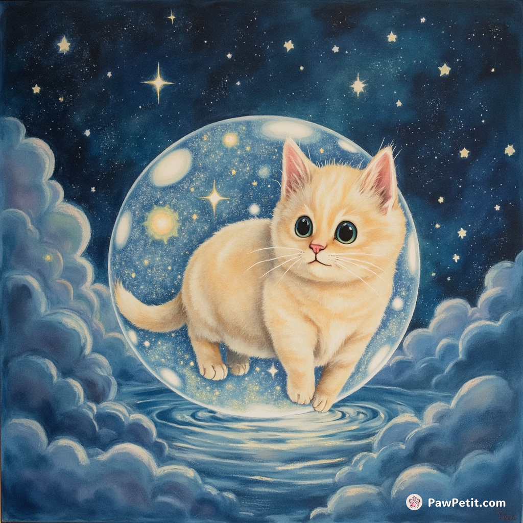A spherical cat, made up of glistening twinkling stars moving through an ethereal nebula river.
