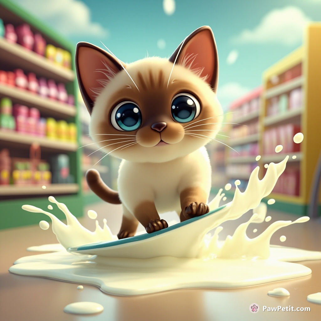 A Siamese cat surfing a wave of spilled milk in the middle of a busy supermarket.