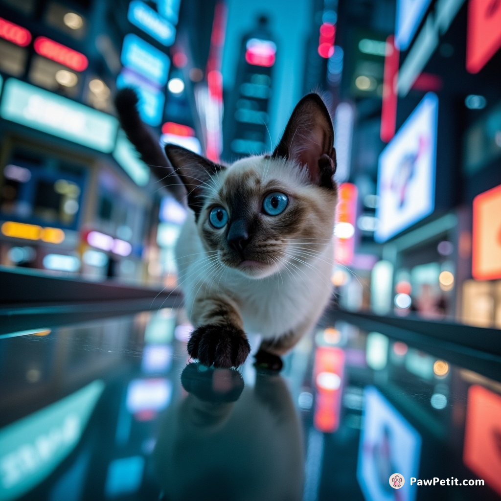In laser-bustling megalopolis, sleek cat deftly navigates skyscrapers' glass walkways; chasing holographic mice with expert precision.