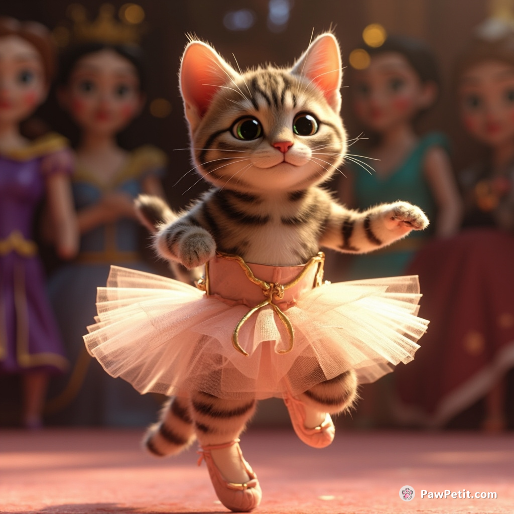Upon shimmering glass slippers, sassy tabby cat Sir Whiskers valiantly pirouetted to win the royal feline ballerina competition.