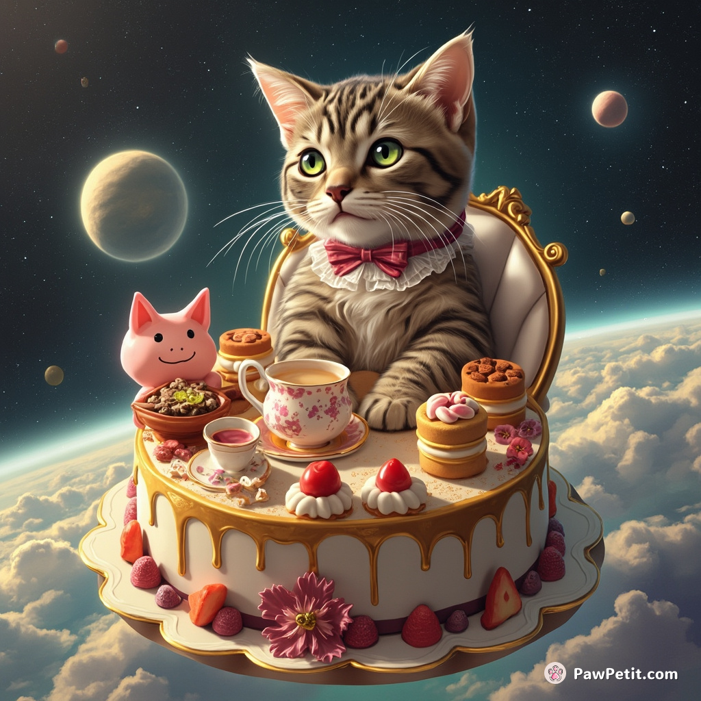 A Victorian cat having a whimsical tea party with sentient pastries on a floating cake in outer space.