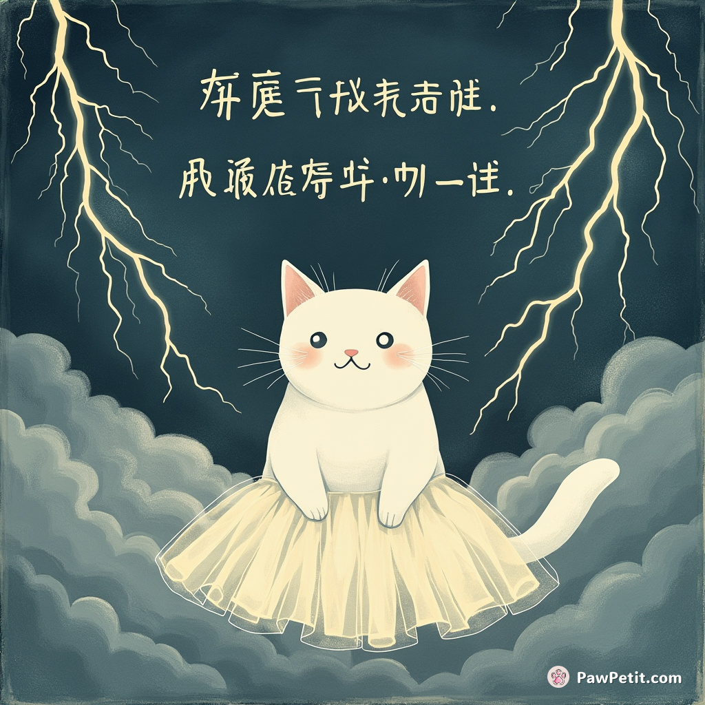 Cat wearing a thunderstorm like a skirt, scribbling poetic wisdom across the sky in lightning handwriting.