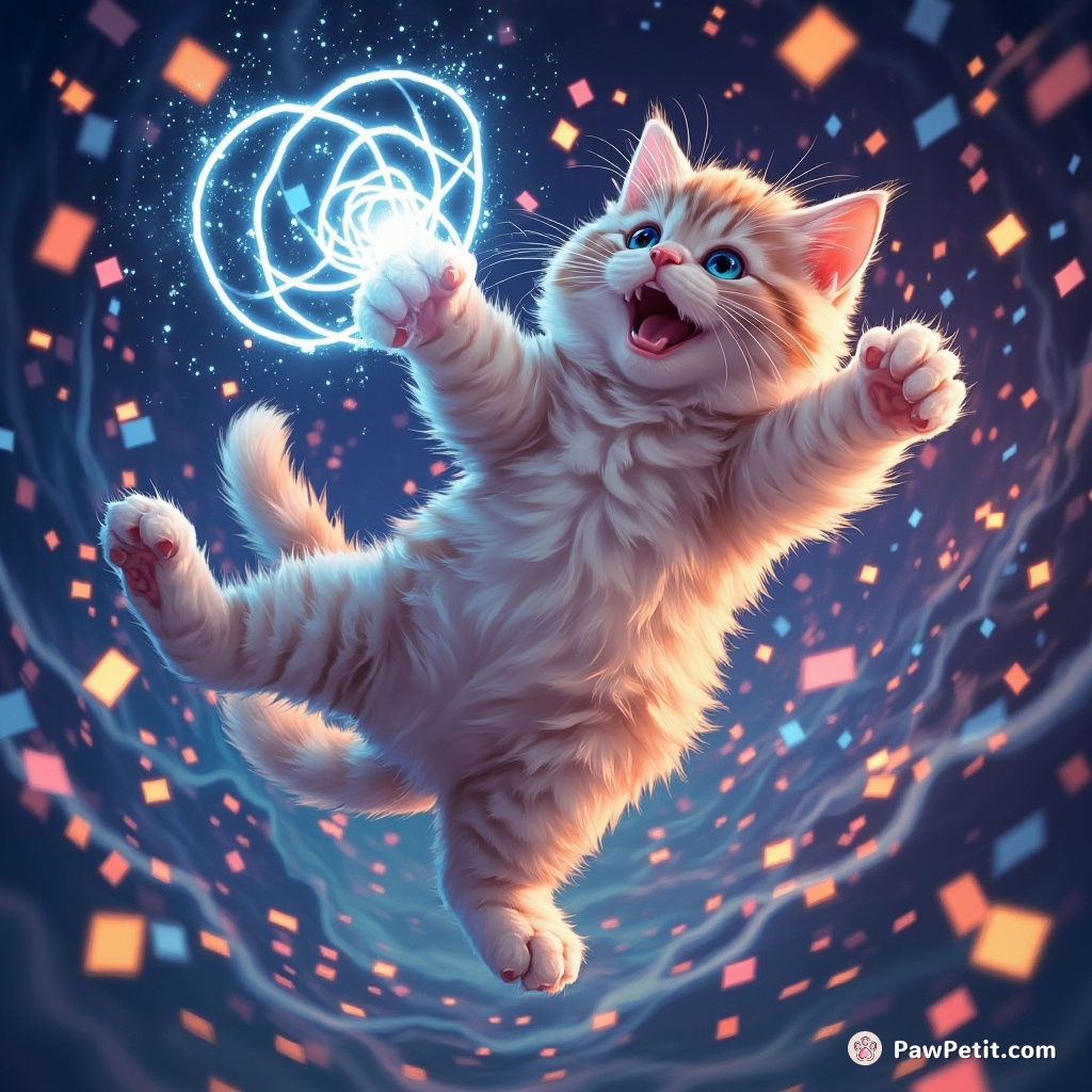 In a burst of feline sass, the cat leaps extensively high to bat playful paws at the swirling digital pixels.