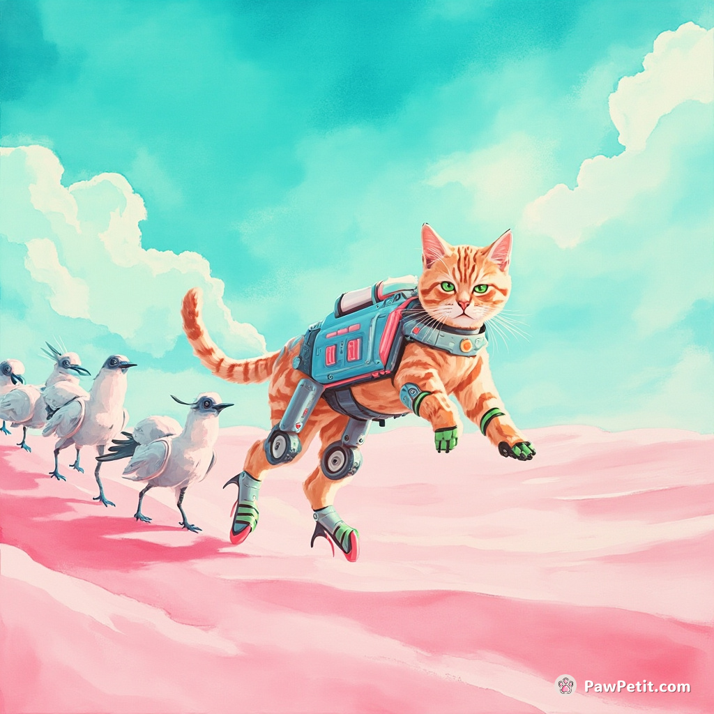 Cybernetic cat leading an army of robotic sparrows across a bubblegum-pink desert under bright turquoise skies.