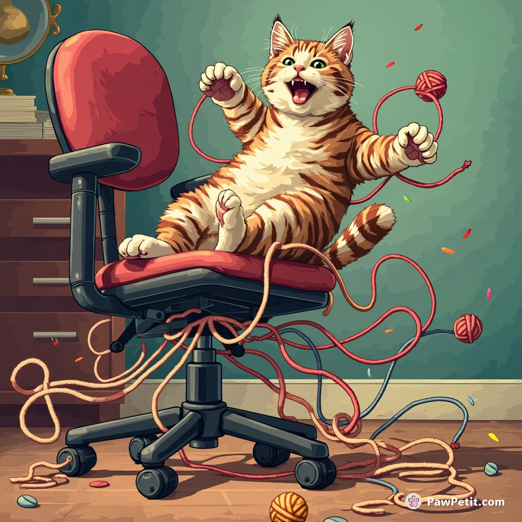 The cat leaps wildly, claws flailing, trying to escape the tangled yarn and spinning office chair.