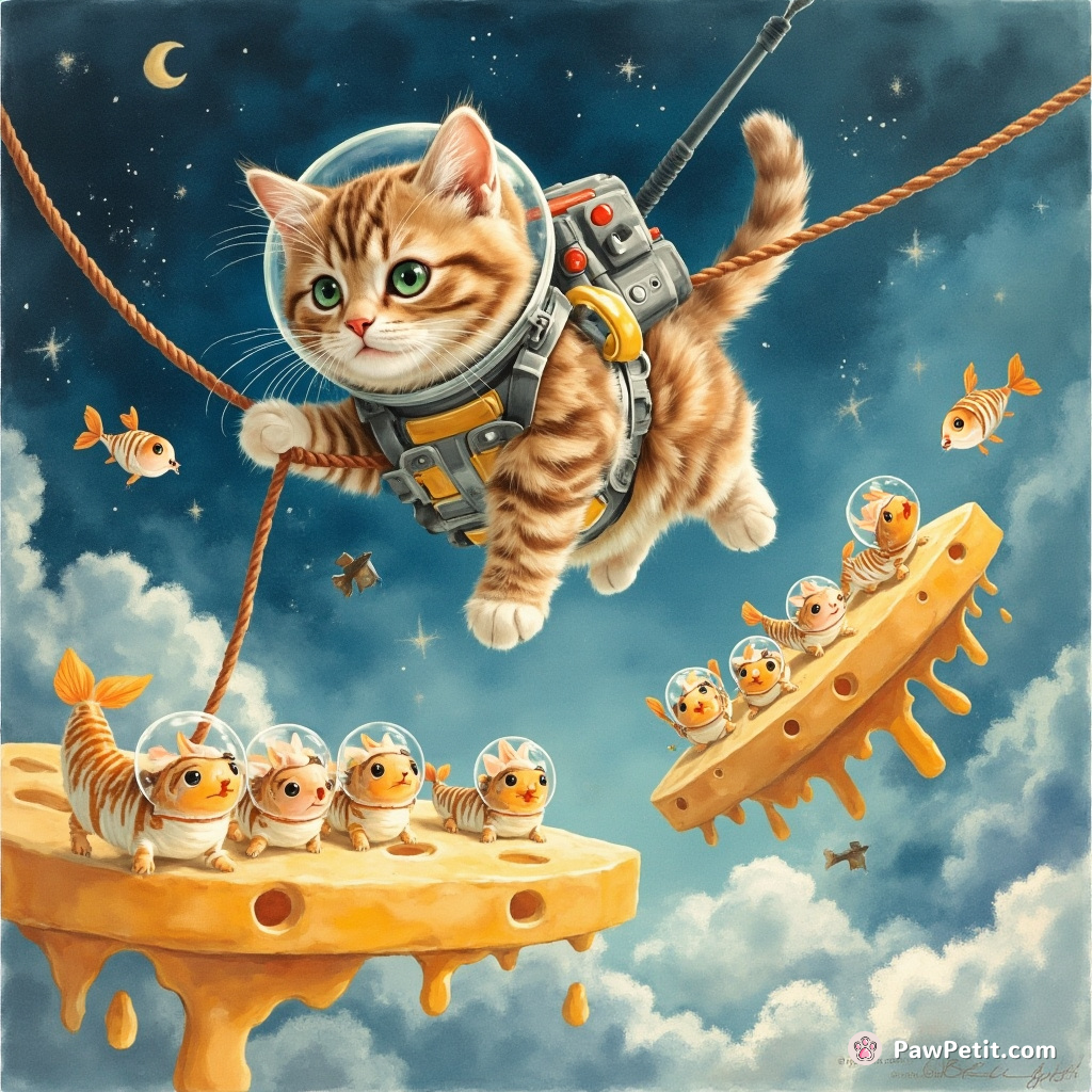 Cat bungee jumping off a space station made of cheese surrounded by singing fish in astronaut suits.