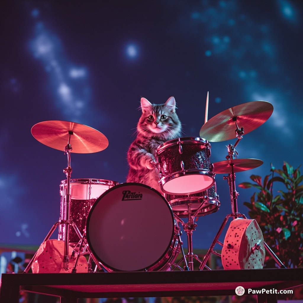 Cat performing a drum solo on cheese wheels during a meteor shower.