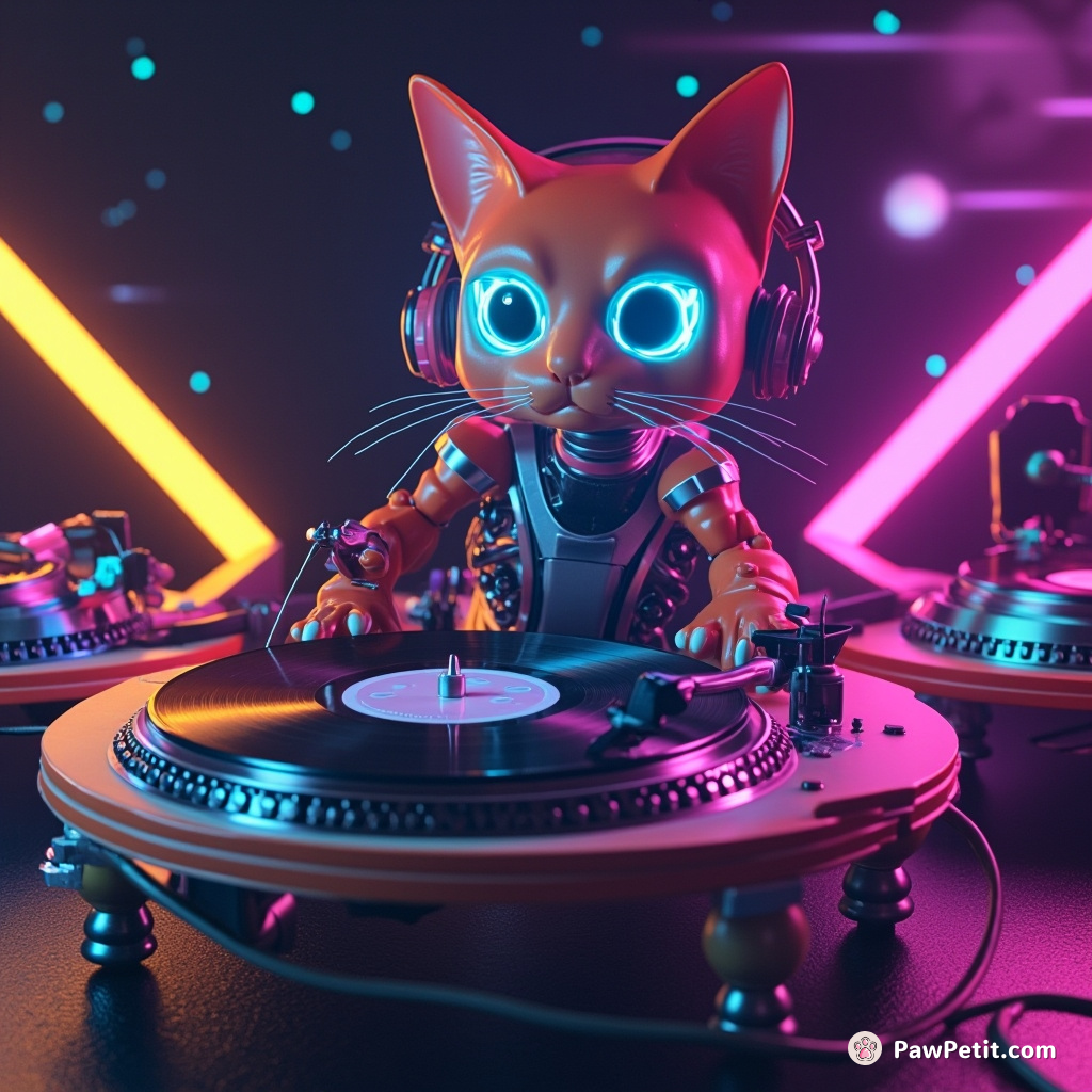 Neon cyborg cat DJ spinning vinyl records on a floating, steam-punk turntable in zero gravity.