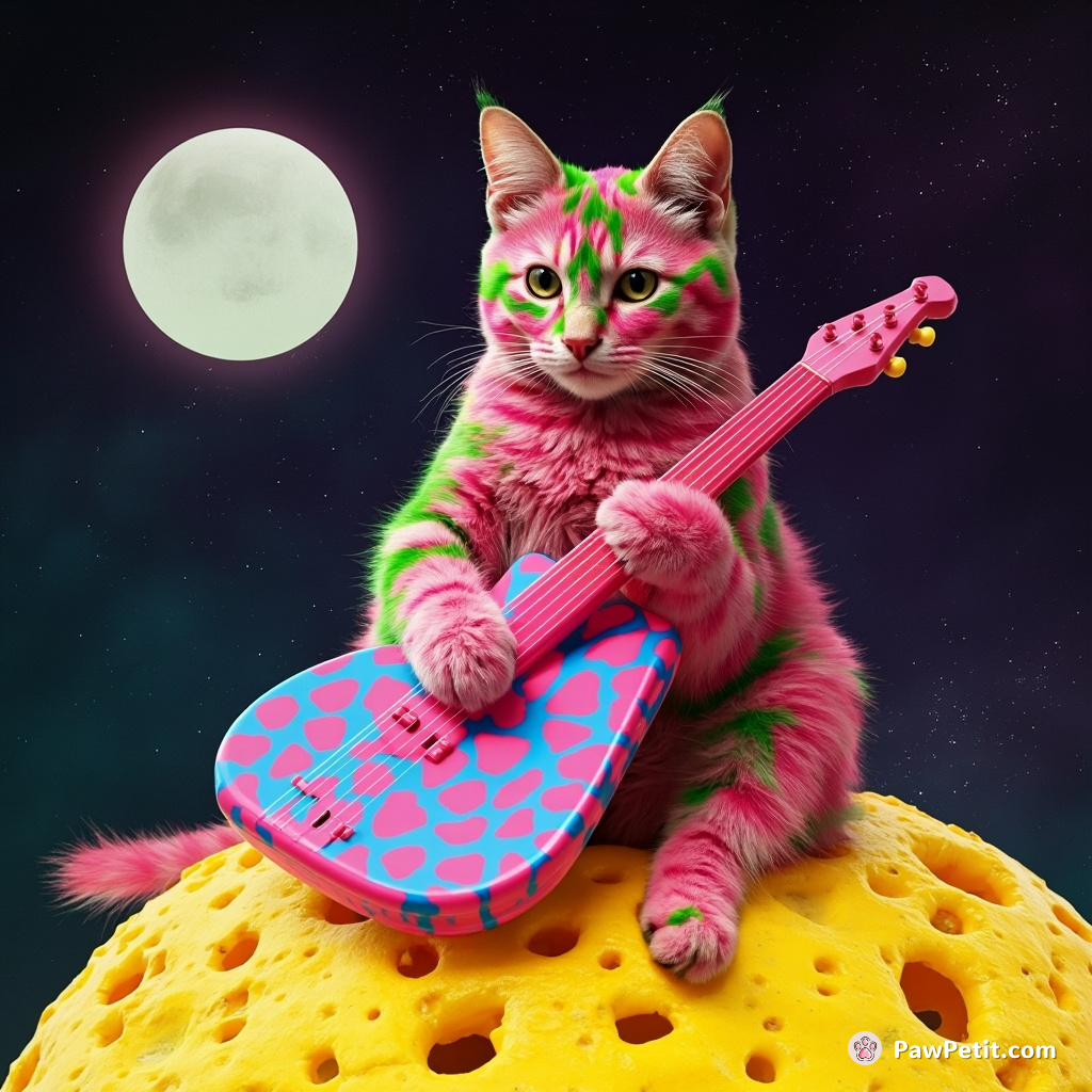 A pink and green leopard-spotted cat playing an oversized diamond ocarina on a moon made of swiss cheese.
