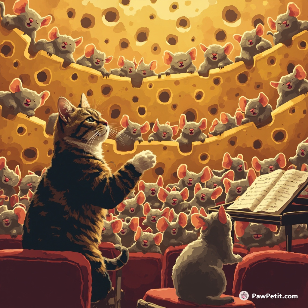 A cat conducting a symphony of singing mice inside a cheese-shaped auditorium.