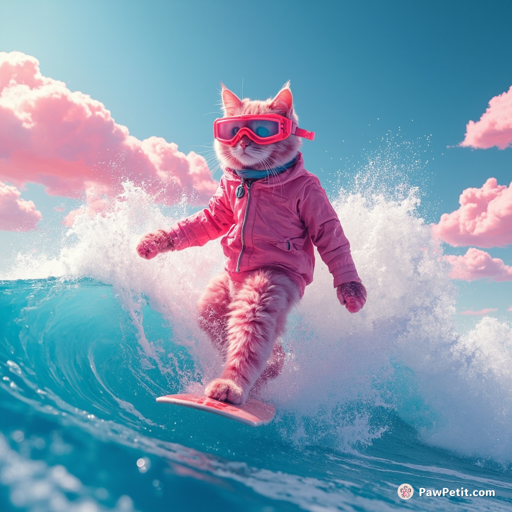 A neon-pink cat with oversized cybernetic goggles, surfing on a licorice wave in an ocean of blue soda pop under a cotton candy sky.