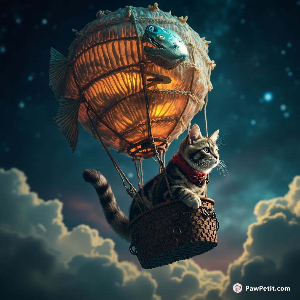 Steampunk cat flying a hot air balloon made of fishbones in a starlit galaxy sky.
