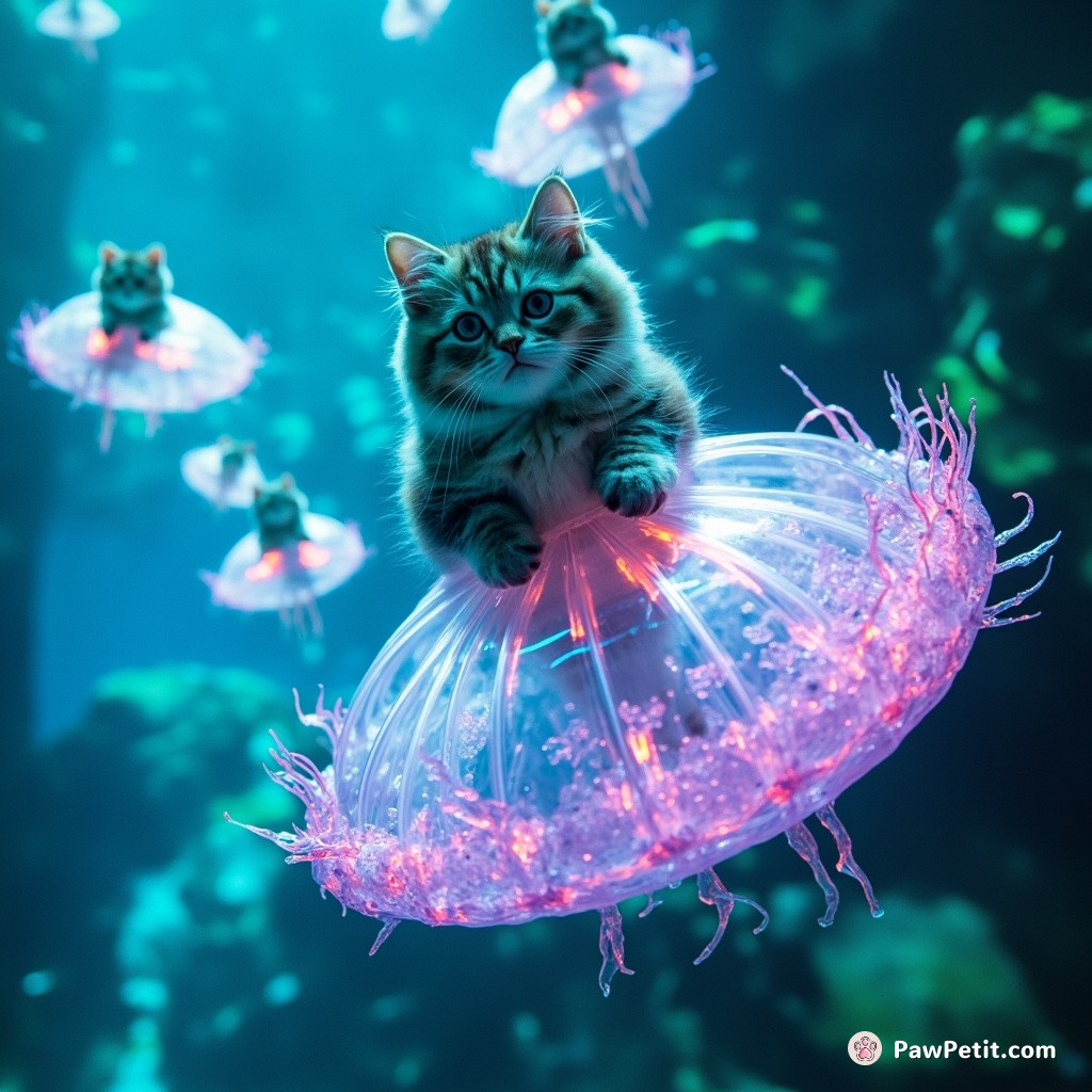A streamline high-tech jellyfish race with neon teacup cats riding atop each jiggling contestant underwater in a futuristically styled Atlantis.