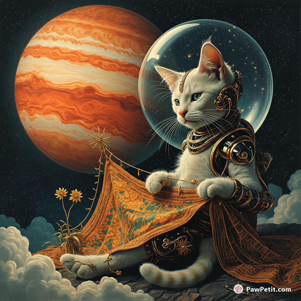 Cyborg cat quilting a tapestry of constellations inside a bubble on Jupiter's Great Red Spot.