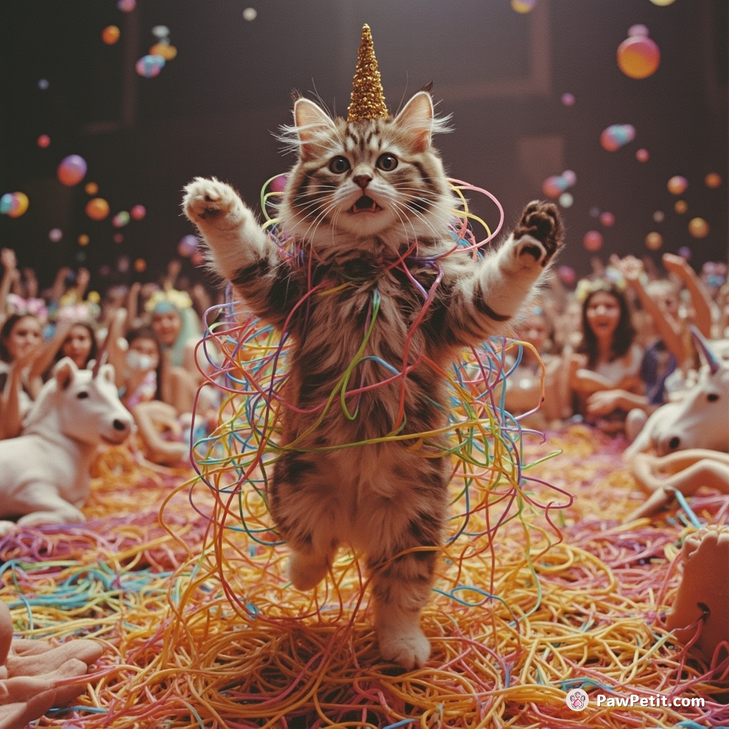 A cyclopean cat doing a manic tap dance on rainbow spaghetti strands, with billions of tiny unicorns cheering in background.