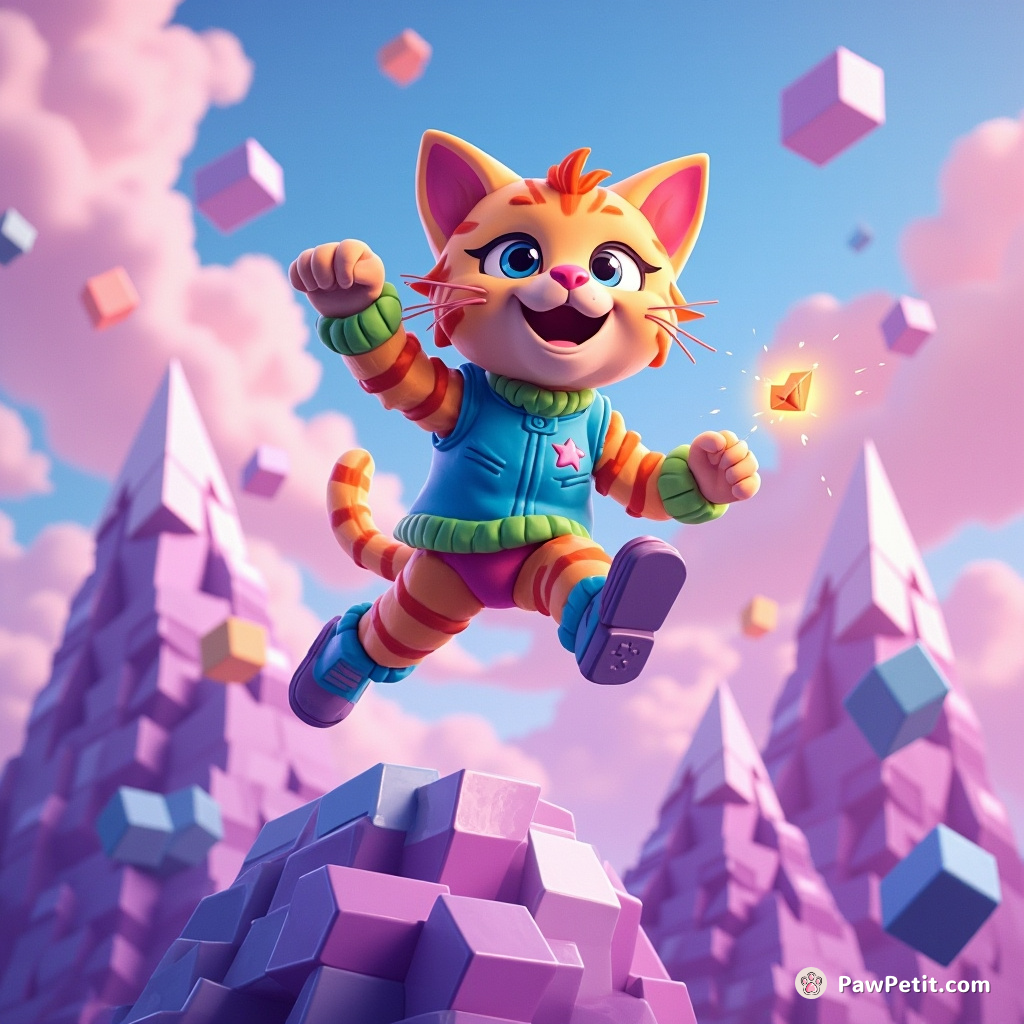 In Digital Purr-dise, Quantum the cat defies gravity, scaling pixelated mounts and shards of cubic light faster than any cleanse-cache command.