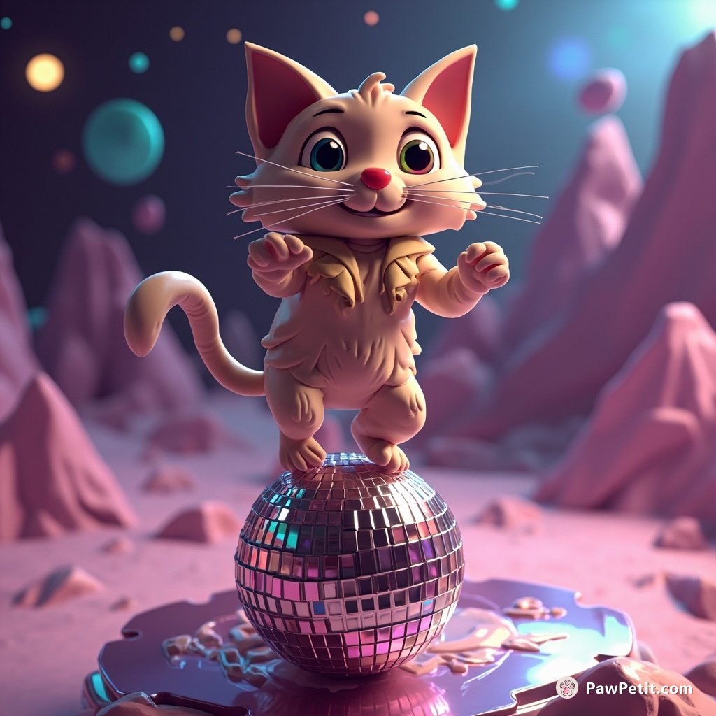 Cat breakdancing on top of a disco ball in zero gravity space.