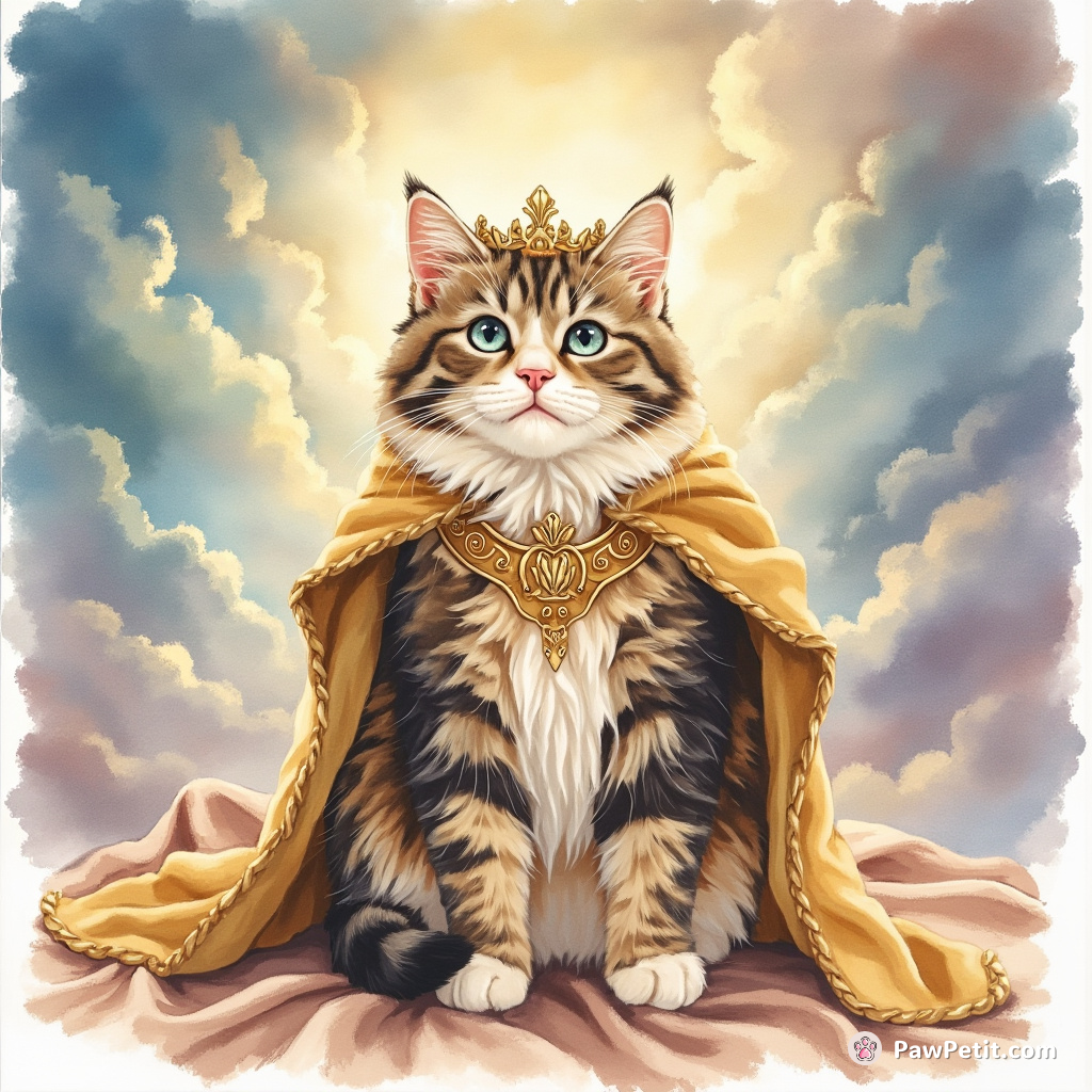 A cat purrs during a prophecy recital, mistakingly crowned as the "Purring Paladin," defender of humanity's naps.