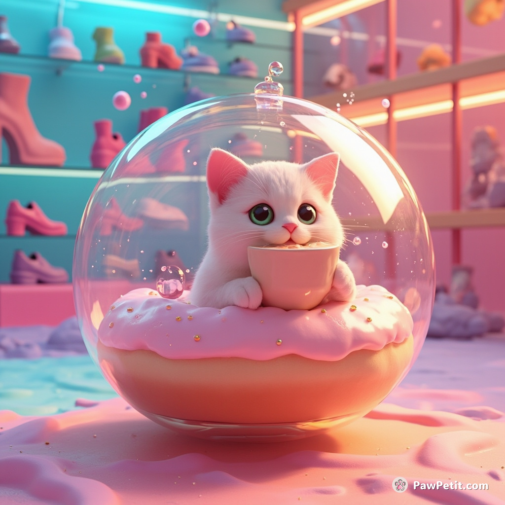 Cat sipping a cosmic latte, floating inside a translucent donut in an underwater shoe shop.