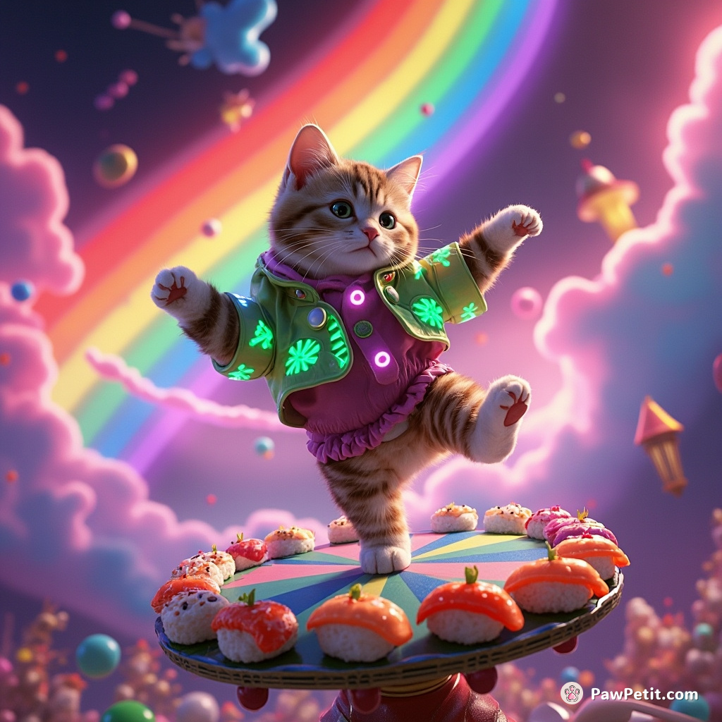 A neon-glowing cat breakdancing atop a floating sushi carousel amidst a pixie-led disco party under a rainbow tornado.