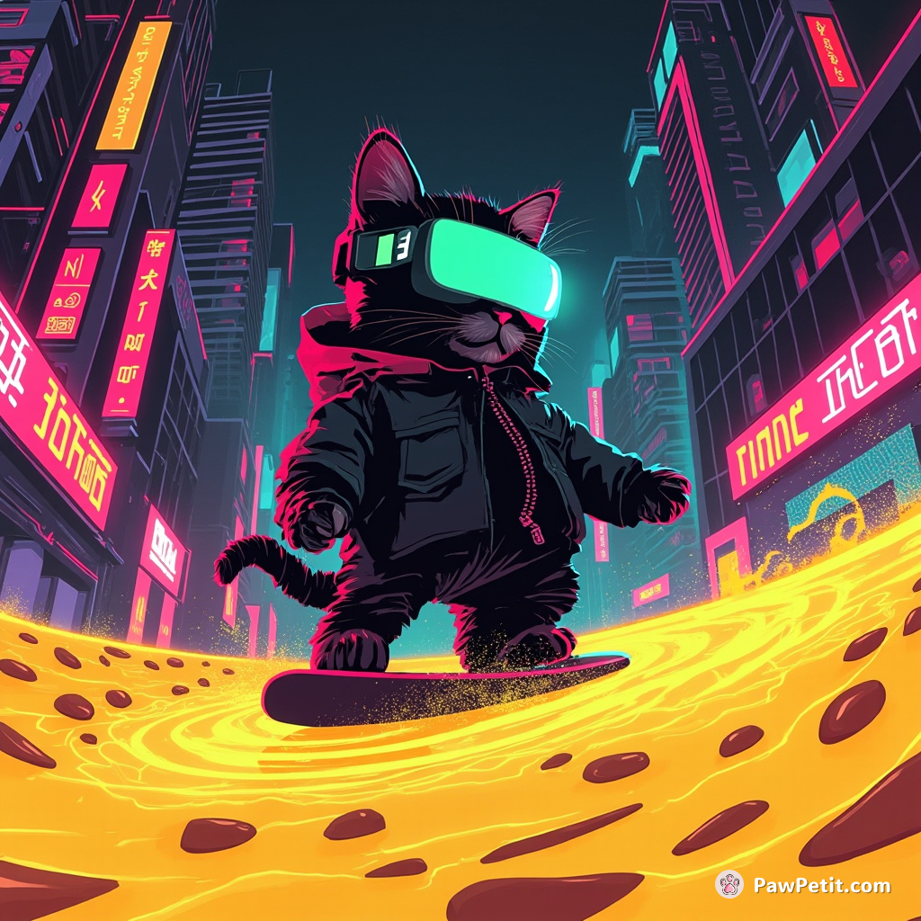 A cyberpunk cat hacker surfing the data waves on neon, liquid cheese in a virtual reality meowropolis.