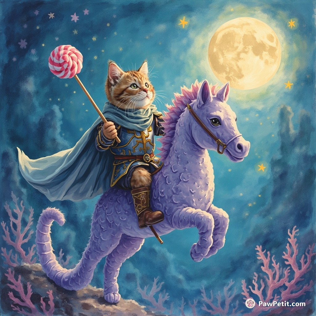 Cat in a medieval armor riding an oversized lavender-colored seahorse, jousting at the moon with a magic lollipop wand in the underwater city of Atlantis.