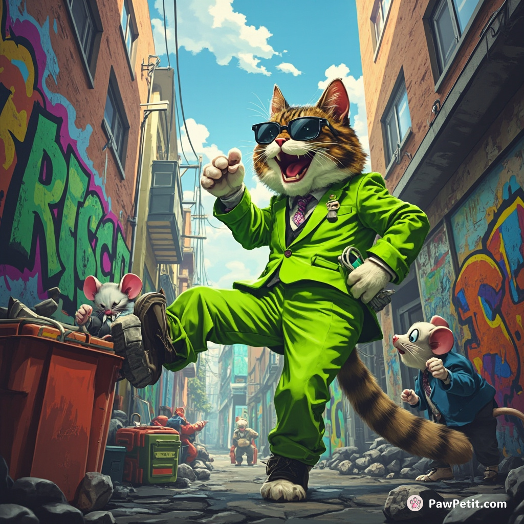 A dumpster-diving corporate cat CEO in a neon-green suit discussing investment stocks with rat business partners in slamin' street-style graffiti alley.