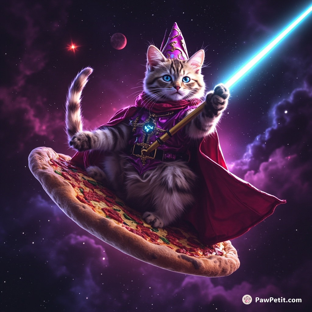 A feline wizard casting a magical laser beam from its paw, while riding a pizza in outer space.