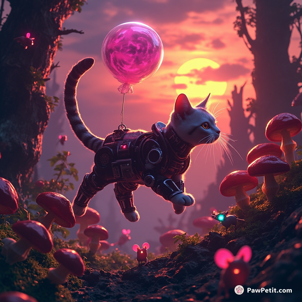 A cyborg cat, painted in burning hues of sunset, defying gravity with its helium-filled tail, floating above an ancient mushroom forest in search of cool neon mice.